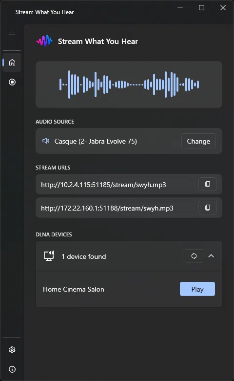 SWYH 2 Home screen showing the audio waveform, selected audio source, HTTP stream URLs and a discovered DLNA device.